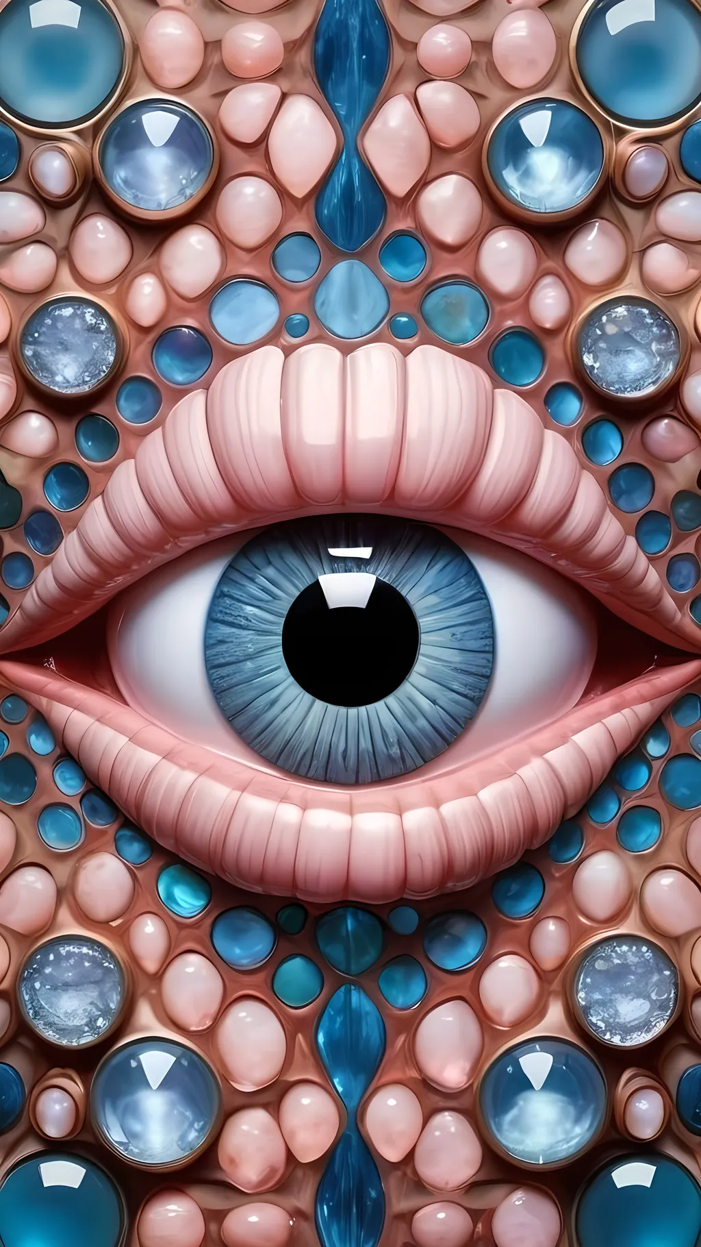 Prompt: Create an extremely hyper-realistic, ultra super textural, weird, trippy, surreal, psychedelic eyes/teeth/mouth pattern/design based on Mandelbrot & “Op Art tiling” with lots of human eyes (crazy colorful compound psychedelic), rows of human teeth, human lips, and tongues. 

- **Colors**: determined by the properties and expressions of the elements (& their isotopes), minerals, and metals: opal, moonstone, Kunzite, selenite, rose quartz, Palladium (Pd), “Fusarium verticillioides”

**Shapes and forms**
- Mandelbrot 
- "Op Art tiling" 
-other shapes determined by the natural properties and expressions of the elements (& their isotopes), minerals, metals, and biological organisms: opal, moonstone, Kunzite, selenite, rose quartz,  Palladium (Pd), “Fusarium verticillioides”


- **Textures**: Derived from any/all elements (& their isotopes), minerals, metals, crystals, organic things mentioned in this prompt: opal, moonstone, Kunzite, selenite, rose quartz, Palladium (Pd), “Fusarium verticillioides”

**Composition and Layout**:
- a pattern/design based on the Op Art tiling & Mandelbrot 

**Lighting**:
- lots of bright light
- Iridescence
- Aventurescence
- Chatoyancy
- Asterism

**Detail and Atmosphere**:
- Extreme hyperrealistic sharp high detail high definition organic and mineral textures
- Psychedelic, weird, odd, surreal atmosphere
- Frozen in time

**Additional Elements**:
- extra rows of teeth, lips, many eyes, Op Art tiling, Mandelbrot, Iridescence, Aventurescence, Chatoyancy
