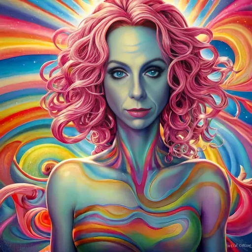 Prompt: Psychedelic art of a woman with pink hair, sun above her head, swirling waves, rainbow-hued sky, Alex Grey, poster art, professional, vibrant colors, swirling patterns, detailed hair, surreal atmosphere, highres, psychedelic, rainbow, sun, intense gaze, artistic, swirling waves, detailed eyes, dreamlike, vibrant lighting