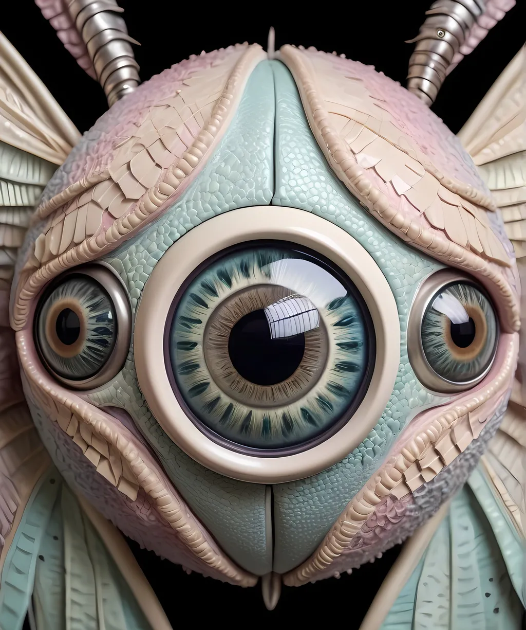 Prompt: A surreal extremely hyper realistic super textural psychedelic geometric eyeball creature with leather or insect wings, pastel light colors,  lots of crazy trippy psychedelic human eyes, human teeth, organic and mechanical, multidimensional, weird surreal unsettling odd