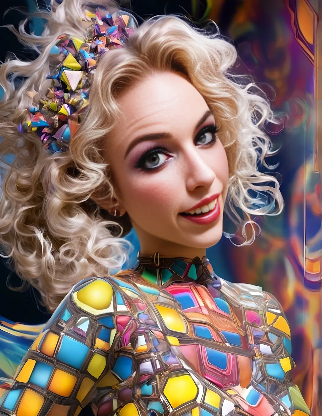 Prompt: a psychedelic hallucination of a female with long blond curly hair modeling avant Garde fashions accessories and makeup created directly out of multidimensional geometry fractals, hypercubes, non Euclidean geometry, psychedelic fashion halucinations 