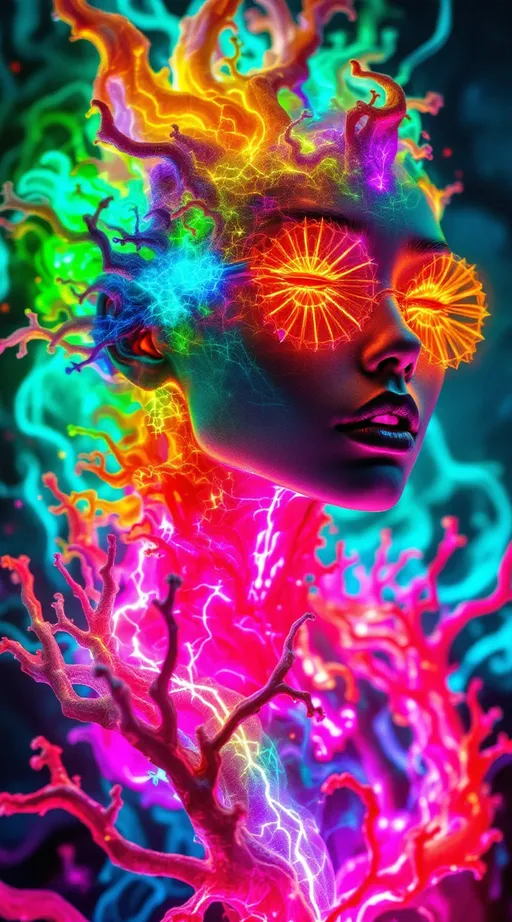 Prompt: A maximalist neon construct, glowing in coral red, lime sherbet, sky cyan, orchid purple, teal blaze & chartreuse fire. Surfaces blaze w/ bioluminescent bloom, organic light pulsing in waves, like plankton oceans scaled to infinity. Anatomy refracts into new paradox math: eyes bloom as Banach limits, gazes half-defined yet endlessly extended; teeth fracture into hyperbolic paraboloid shells, jaws warping like carnival saddles; ribs tessellate into Erdős–Borwein spirals, infinitely summing arcs; the heart shimmers as Zermelo ship paradox crystal, both built & rebuilt from shifting parts, chambers glowing like neon reefs. Veins branch into Cantor labyrinths, corridors of vascular neon splitting into silence; lungs inflate as Pell spiral storms, bifurcating chambers glowing aqua & magenta smoke. Skin unfolds as Liouville surfaces, infinitely detailed, nowhere differentiable, glowing like rainbow moss; hair erupts as Markov fractal braids, curls repeating stochastic neon patterns.
The background expands in pastel bioluminescent seas, carnival rides glowing like deep-ocean lanterns, hex tilings pulsing as sacred coral, paradox infinity lit from within.