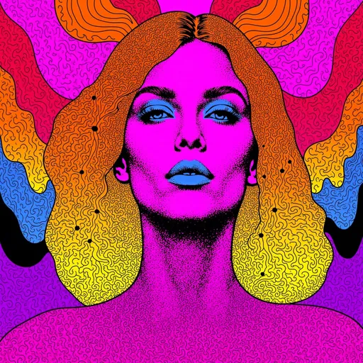 Prompt: **Prompt:**  
A divine DMT entity in the form of a beautiful Caucasian woman, her wild, curly blond hair transformed into glowing, multidimensional tendrils of liquid light, flowing endlessly into the fractal infinity of hyperspace. Her body shimmers like a crystalline hologram, constantly shifting between forms—part human, part machine, part alien architecture. Her skin is adorned with intricate, bioluminescent patterns of sacred geometry, pulsating with the colors of the ultraviolet spectrum: neon pinks, radiant purples, and electric blues. Her eyes are vast, otherworldly portals, reflecting the infinite realms of the DMT hyperspace—swirling vortexes of kaleidoscopic energy and impossible landscapes. The background is alive with hyper-organic structures: cathedral-like domes made of living light, pulsating with a rhythm that feels both ancient and futuristic. Alien glyphs and symbols float in the air, as if communicating with her and the viewer telepathically. The entire scene radiates an overwhelming sense of awe, mystery, and transcendence, as though she is the guardian of the ultimate cosmic truth.
