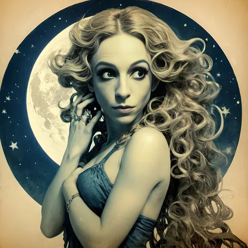 Prompt: Vintage Cyanotype print of a alien girl on the moon, long curly blond hair,  detailed silhouette, vintage artistic style, cool tones, subtle moonlight, high quality, cyanotype print, vintage, detailed silhouette, moon, girl, subtle lighting, cool tones