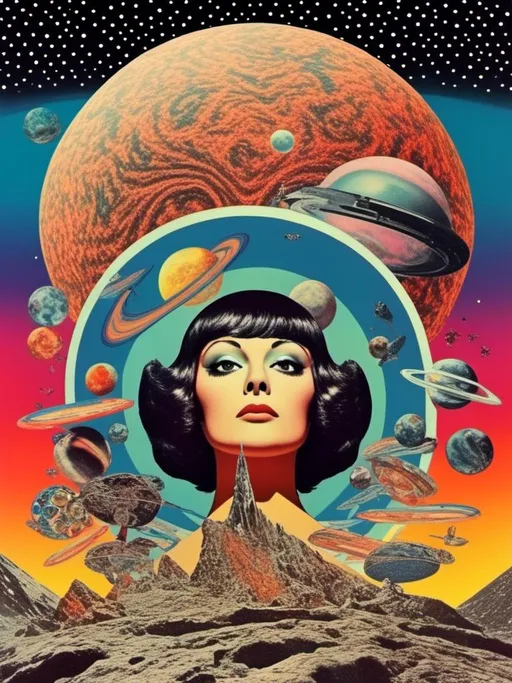 Prompt: a psychedelic collage with a vintage 70s sci-fi animation feel to it except the subject matter will be CATS IN SPACE! The collage will have elements of photography, illustration, trippy patterns and optical illusions, alien landscapes, strange trippy planets, UFOs,, meteors, all cut and spliced together in a psychedelic collage style <mymodel>