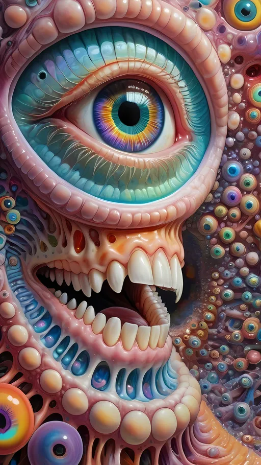 Prompt: an extremely hyper realistic ultra super textural weird trippy surreal psychedelic entity, Phyllotactic Spirals, white, translucent, clear, bright bright pastel colors, oil slick rainbow sheen effect, lots and lots of light, lots of crazy colorful compound psychedelic human eyes, rows of human teeth, fungus, atoms, diatoms, Phyllotactic Spirals