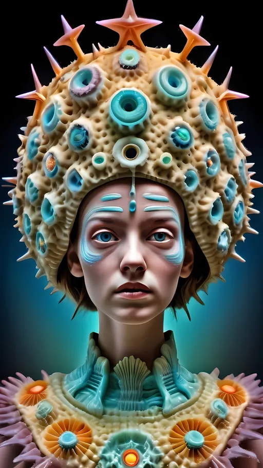 Prompt: Extremely hyperrealistic ultra textural trippy surreal beautiful but odd unsettling psychedelic creature- a psychedelic diatomaceous creature entity queen crown jewelry cape with lots of crazy psychedelic human compound eyes, rows upon rows of human teeth.  head, face, body, limbs, fungus, Mandelbrot, oil slick rainbow sheen effect, holographic, hologram, translucent, vivid colors white, tons and tons of light, bright pastel colors, Gyroid Structures. Diatoms: bacillariophyta, siliceous, valves, girdle bands, raphe, striae, puncta, areolae, costae, rimoportula, fultoportula, chloroplasts, auxospore, epitheca, hypotheca, mucilage, frustule symmetry, valve morphology, pennate diatoms, centric diatoms, motile, non-motile, biofilm, epiphytic, epilithic, epipsammic, biogenic silica, diatomaceous earth, primary producers, carbon fixation, biogeochemical cycles, diatom blooms, paleoecology, nanostructures, microalgae, environmental indicators, aquatic ecosystems. geometric, symmetrical, radial, bilateral, elongated, circular, triangular, oval, star-shaped, pennate, centric, intricate, lattice-like, perforated, silica, frustules, ornate, microscopic, diverse, varied, delicate, transparent, golden-brown, pillbox-shaped, chain-forming, solitary, colonial, planktonic, benthic,