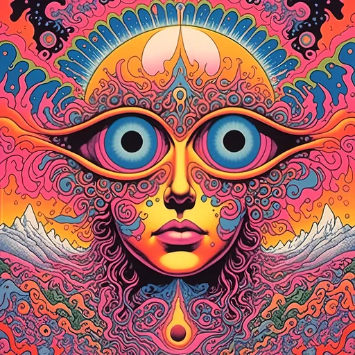 Prompt: <mymodel>Astral entity with open third eye, psychedelic poster art, astral planes, vibrant and surreal colors, highly detailed, surreal, psychedelic, open third eye, astral entity, vibrant color palette, surreal lighting