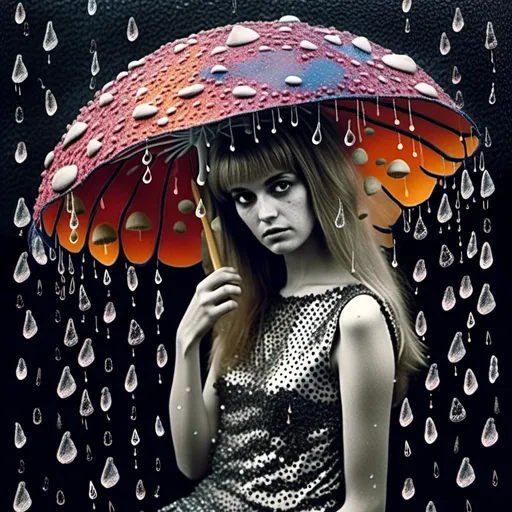 Prompt: <mymodel>Mixed media collage of a fungus fairy girl in the rain, mushroom umbrella, black and white and color photography, paint, glitter, sequins, metal, magazines, glass, unique textures, ethereal atmosphere, high quality, whimsical, surreal, fairy, mushroom umbrella, mixed media, collage, fungus girl, rain, unique textures, ethereal, surreal, magical, detailed wings, sparkling details