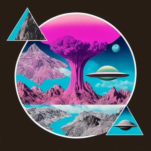 Prompt: a surreal trippy psychedelic collage evoking the feel of vintage sci-fi art. It will be set amongst trippy psychedelic patterns/optical illusions, alien/surreal/mountain landscapes, geometric shapes<mymodel>