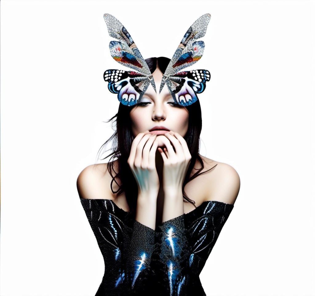 Prompt: a photograph of a woman (color or black and white) with multimedia elements added to create the appearance that she is a beautiful intricate moth, with moth wings and antennae created from paint, paper, photos, glitter, iridescent enamels, nail polish, rhinestones, thread and string, fabric, folded paper etc<mymodel>