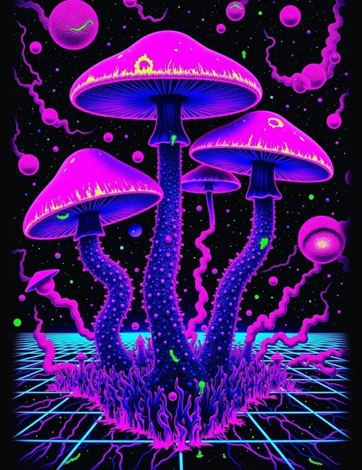Prompt: ultra super hyperrealistic e remedy high definition homogram Psilocybin liberty cap mushrooms sprout from a shimmering 4th-dimensional matrix grid of reality, its infinite lattice glowing with electric blues, neon purples, and deep greens. The mushrooms have twisting metallic stems and translucent, bell-shaped caps with fractal, lace-like edges that pulse as if alive. Suspended around them are purple and black fractal spores, miniature geometric galaxies spiraling infinitely, leaving glitchy light trails in their wake.

The scene is layered with heavy computer glitches—RGB separations, pixel distortions, scanlines, and bursts of static—giving it a retro analog computer screen finish. The grid flickers and warps, tearing and freezing as though the simulation is breaking. Chromatic aberrations outline every shape, and digital noise crackles across the image. The palette is vibrant yet dark, dominated by glowing purples, deep blacks, and neon accents. The mood is hypnotic and surreal, blending psychedelic aesthetics with retro digital chaos.