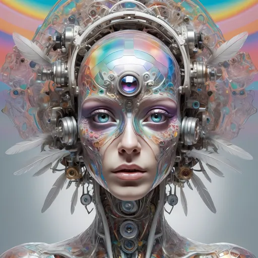 Prompt: An extremely hyperrealistic non humanoid flying, super high textural, silver, white, translucent, bright pastel colors, oil slick rainbow sheen, lots of light, weird trippy surreal psychedelic entity, mechanical and biological, human head with 4 faces, interdimensional geometric mechanical tesseract within tesseract, wheels within wheels spinning different directions on different axis, covered in lots of crazy psychedelic trippy human eyes, everywhere, all over it eyes, leather, metal, skin, feathers, extreme organic and metallic textures