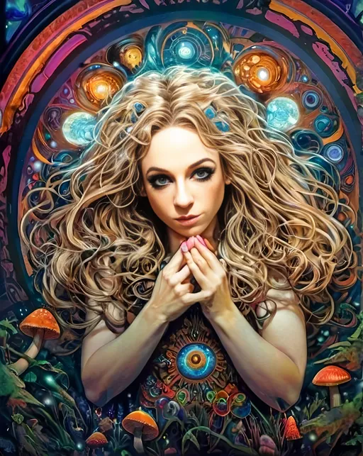 Prompt: 4k, ultra-detailed, psychedelic, trippy, bright colors, vivid, black light poster, girl with longish blond curly hair, psychedelic magic mushrooms, trippy hallucinations, optical illusions, patterns, crystals, moss, forest, moon, geometry fractals, vibrant colors, detailed hair, surreal, vibrant lighting