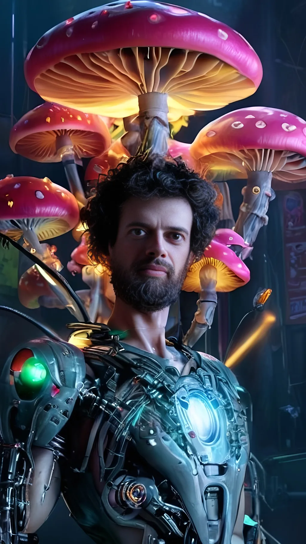 Prompt: Cybernetic Terence McKenna robot with wires and lights, futuristic cyborg with mushroom motifs, high-tech materials, neon lighting, cyberpunk, robotic mushrooms, detailed cyborg components, intense and focused gaze, best quality, cybernetic, futuristic, high-tech materials, neon lighting, robotic, detailed, mushroom motifs