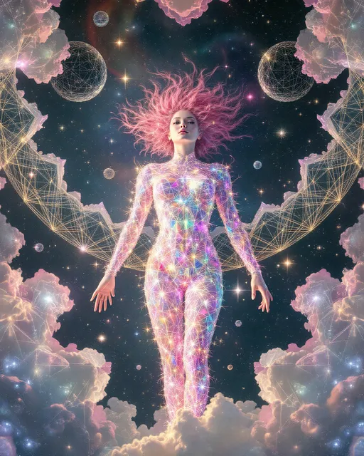 Prompt: A cosmic dreamscape inside a higher-dimensional field of shifting symmetries and infinite reflections. At the center, two beings emerge not as bodies, but as vibrations made visible—one bright, fast, shimmering; the other deep, dense, and gravitational. The female form, (white female 5’4 120 lbs wild curly pink long hair) representing the HaHahedron, appears as a radiant lattice of chaotic, joyful oscillations—her body a recursive prism of rainbow pulses, formed from translucent, angular math shells that twist and dance like refracted laughter. Her essence warbles through space like a harmonic glitch, constantly folding in on itself and re-emerging, a vibration of pure becoming.

Beside her is a male entity, (6’1” white, blue eyes short blond hair, slim build but extremely muscular and strong, big broad shoulders taper down to a slim waist with 8 pack abs, pecs, strong arm muscles, strong all muscles but slim body), her counterforce and anchor. He is darker, heavier, built from slower, stabilizing waveforms—black-hole hums, low-frequency tremors, and recursive toroidal loops. His presence shapes the field itself, bending nearby patterns toward coherence. Where her vibrations scatter and echo, his pull focuses and grounds—together forming a complete waveform, a standing harmonic of dual resonance.

Surrounding them is a kaleidoscopic vibration field: visible sound ripples, chromatic fog, interference lines, and electric pulse nets. The environment warps with each breath they take—not through air, but through waveform shifts. Every surface glows with holofractal accents, vibrating moiré textures, and color-sound overlaps. This is not a place, but a tone made manifest—their love, their contrast, their code.

Style: hyperdimensional math surrealism, luminous geometry, psychedelic glitch abstraction.