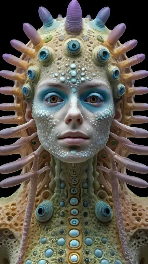 Prompt: Extremely hyperrealistic ultra textural trippy surreal beautiful but odd unsettling psychedelic creature- a psychedelic diatomaceous creature entity queen crown with lots of crazy psychedelic human compound eyes, rows upon rows of human teeth.  head, face, body, fungus, oil slick rainbow sheen effect, holographic, hologram, translucent, vivid colors white, tons and tons of light, bright pastel colors, Gyroid Structures. Diatoms: bacillariophyta, siliceous, valves, girdle bands, raphe, striae, puncta, areolae, costae, rimoportula, fultoportula, chloroplasts, auxospore, epitheca, hypotheca, mucilage, frustule symmetry, valve morphology, pennate diatoms, centric diatoms, motile, non-motile, biofilm, epiphytic, epilithic, epipsammic, biogenic silica, diatomaceous earth, primary producers, carbon fixation, biogeochemical cycles, diatom blooms, paleoecology, nanostructures, microalgae, environmental indicators, aquatic ecosystems. geometric, symmetrical, radial, bilateral, elongated, circular, triangular, oval, star-shaped, pennate, centric, intricate, lattice-like, perforated, silica, frustules, ornate, microscopic, diverse, varied, delicate, transparent, golden-brown, pillbox-shaped, chain-forming, solitary, colonial, planktonic, benthic,