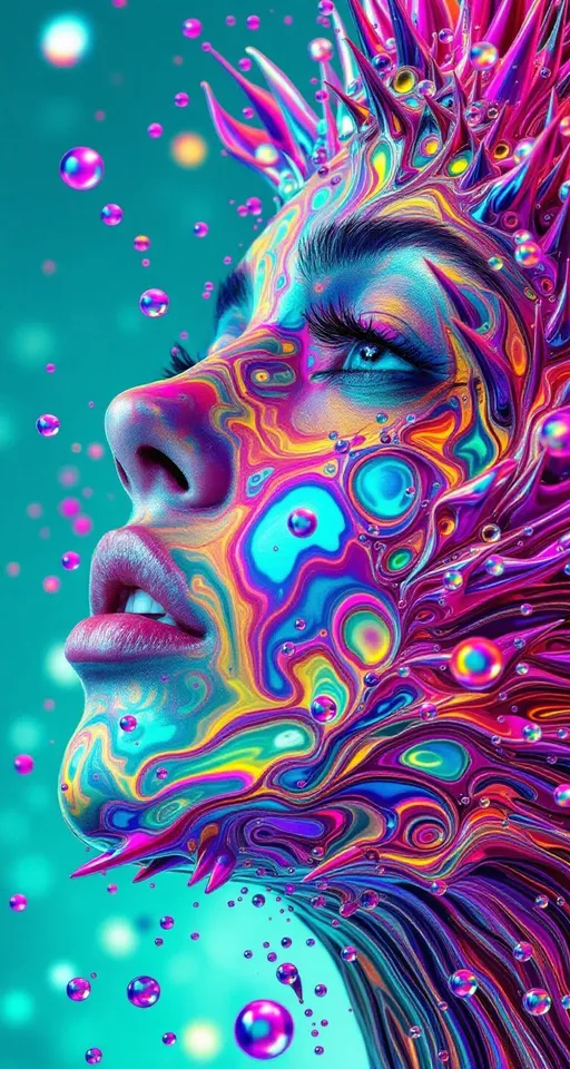 Prompt: Prompt Title: Chromamagnetica: The Iridescent Conductor of Spiked Light
Prompt:
Visualize a hyper-detailed, high-energy portrait of a woman whose entire face is formed from hyper-reactive ferrofluid, dynamically shaped by pulsing invisible fields of force—magnetic waves, sonic resonance, or emotional frequency. The ferrofluid surface is in constant transformation, erupting into sharp, spiked crowns, fluidic ripples, and roiling wavefronts that shimmer with explosively bright oil-slick iridescence.

Her skin isn't skin—it's a liquid metal canvas sculpted by field intensity, coated in full-spectrum interference color. Think of peacock feathers, beetle shells, soap films, and CD rainbows—now turn them up to eleven. Waves of vibrant electric magenta, hot cyan, acid lime, solar gold, ultraviolet indigo, and radiant cherry red chase each other across her face in shimmering bursts. The ferrofluid spikes flare and collapse like solar flares choreographed to a rhythm, reflecting tiny spectral starbursts and lens flares with every movement.

Her expression shifts subtly beneath the surface as the ferrofluid reacts in real time to the invisible influence—perhaps it's her mood, a magnetic symphony, or a spatial force. Her eyes glow with radiant white cores surrounded by dancing color halos, as if charged with photonic energy. Her lips glint with chromatic fluid beads, each ripple a mirrored rainbow.

Her hair is a luminous corona of animated ferrofluid strands—rising, splitting, and recombining like magnetized waterfalls in zero gravity. These strands emit pulsing glows, refract light like fiber optics, and occasionally arc with sparkling light bursts, as if charged by electricity. The entire portrait shimmers with metallic sheen, specular highlights, glittering detail, and surreal complexity.

This is a portrait of pure visual intensity—a prismatic deity in motion, magnetically alive, composed of chaos, symmetry, and high-chroma liquid light.

