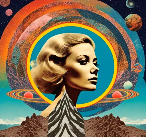 Prompt: <mymodel>Psychedelic trippy collage with a surreal vintage 70s sci-fi feel, vibrant colors, retro futuristic elements, surreal landscapes, detailed psychedelic patterns, high quality, vintage sci-fi, mixed with photograph of a woman with blond curly hair, geometric shape and optical illusions, vibrant colors, surreal, detailed patterns, trippy, collage, 70s, retro futuristic, eyes, surreal landscapes, detailed, atmospheric lighting