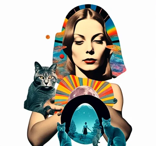 Prompt: <mymodel>Psychedelic collage of a woman, spliced and edited with psychedelic planets, cats, and UFOs, a psychedelic open third eye, incorporating paint, enamel, and found objects, black and white optical illusions, high quality, surreal, vibrant colors, trippy, psychedelic, detailed collage, cosmic theme, colorful lighting surreal collage