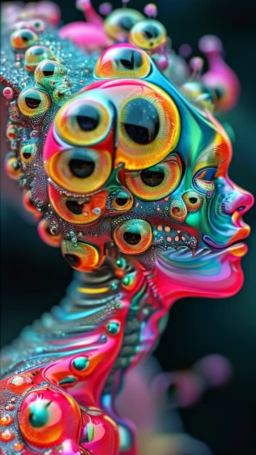 Prompt: an extremely hyper realistic ultra super textural weird trippy surreal psychedelic entity, Cardioid Curves, ,,, translucent, pearlescent finish, silver, pyrite, quartz,, clear, bright vivid teals, blues, pinks/yellows/greens, black charcoal, lots and lots of light, lots of crazy colorful compound psychedelic human eyes, rows of human teeth, fungus,  atoms, diatoms,, Cardioid Curves