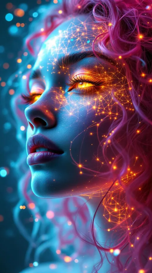 Prompt: Her face is a modular masterpiece—cheekbones traced with the shimmer of moonshine symmetry, every angle tuned to a hidden harmonic. Newton fractal veins glow faintly beneath translucent skin, shifting in color with each emotion. Her eyes burn with prime number fire, irises tiled in Penrose symmetry, blinking with curved light logic. Laughter echoes in Hilbert paths across her cheeks—space-filling joy spirals, soft and bright. Hair spills around her in radiant pink curls, styled by quasiperiodic forces and recursive wave equations—each strand flowing in luminous fractal tension. Geometry pulses at the hairline, recursive symbols glinting in neon mathdust. She is wrapped in hyperbolic aura-rings, layered in color-feedback like living topology, her presence refracting sacred math through joy, emotion, and colorfields.”

⸻

Visual Keywords:
Modular face symmetry, Newton glow skin, Penrose-tiled irises, Hilbert smile trails, pink recursive curls, fractal symbol halo, hyperbolic color aura, neon mathdust, prime fire eyes