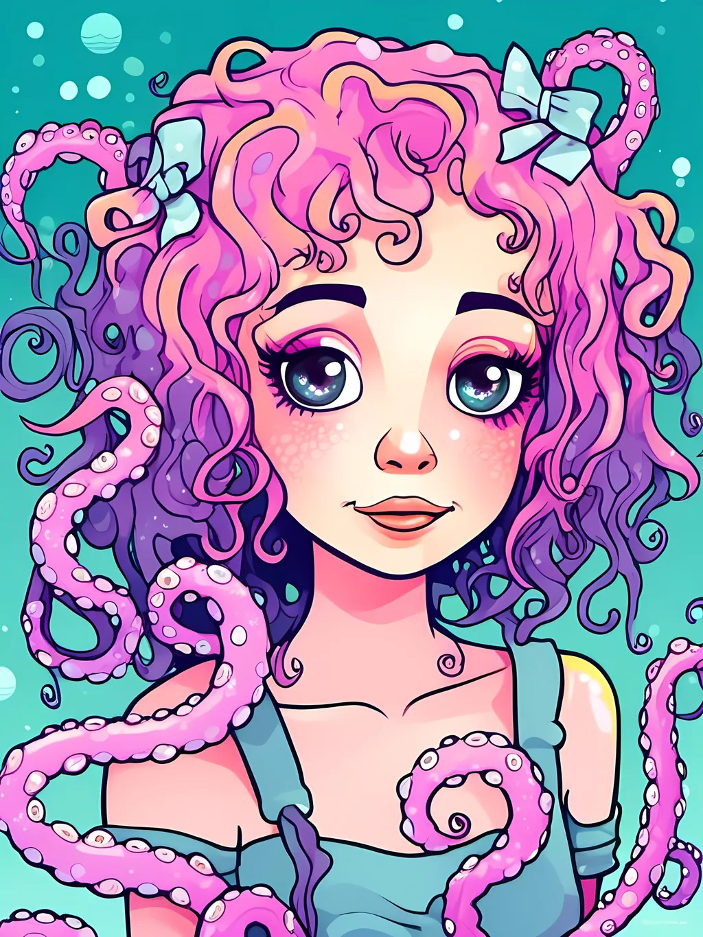 Prompt: <mymodel>Misc-Kawaii illustration of a charming woman-octopus hybrid, adorable and whimsical, pastel color palette, dreamy underwater setting, flowing tentacles with cute ribbons, sparkling eyes with a hint of mischief, high-quality, detailed tentacles, kawaii, whimsical, pastel colors, underwater, charming, dreamy, adorable, ribbons, sparkling eyes, highres, detailed