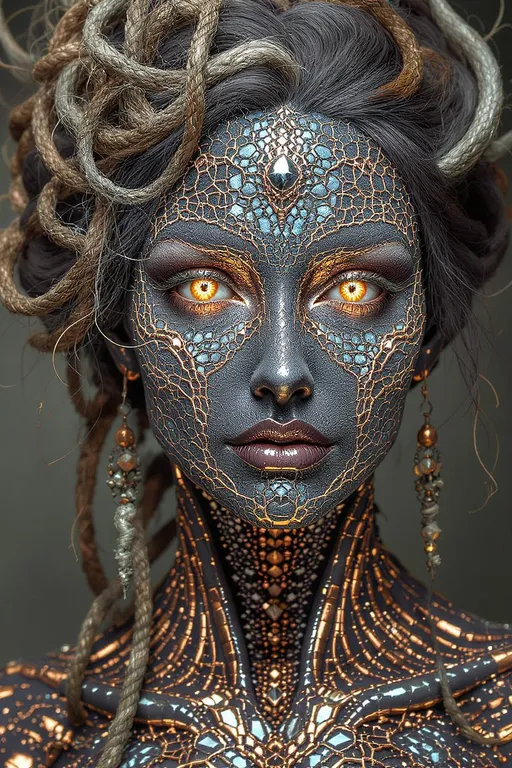 Prompt: Moss of Metal: The Electroformed Face
Prompt:
Craft an evocative portrait of a woman whose face is partially grown from electrochemical deposition—fractal metallic structures branching outward like dendrites or frost patterns in silver and copper. Her skin is no longer flesh, but a substrate for metallic bloom: fine moss-like filigree of charged particles laid down by invisible currents, forming complex textures that trace the paths of invisible voltages across her features.

From her jawline to her brow, her face is encased in intricate networks of conductive branches—sharp yet organic, somewhere between coral and circuitry. These metallized textures glimmer with layered patinas: oxidized blues, copper reds, gold veining, and silvery highlights that refract like mineral light. The deposition process leaves behind growth patterns—radiating from points of electrochemical initiation, fractalizing outward like thought made metallic.

Her eyes retain warmth—a contrast to the cold gleam of the surrounding material—and glow softly, hinting at internal current. The hair is a living sculpture of ferrous tendrils and braided filament wires, rising and spiraling like magnetic storms, some magnetically suspended midair, subtly twitching as if sensing an electric field.

This is a face caught in a liminal state between biology and machine—a portrait of synthetic rebirth, where thought, voltage, and mineral matter collaborate in recursive ornamentation.