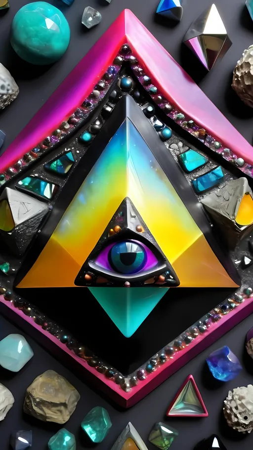 Prompt: an extremely hyper realistic ultra super textural weird trippy surreal psychedelic entity, Sierpinski tetrahedron, translucent, charcoal matte black, blown glass, pearlescent finish, inlaid opal, glittering crystal accents, silver, pyrite, quartz,, chrome, bright vivid teals, blues, pinks/yellows/greens,purples,  lots and lots of light, lots of crazy colorful compound psychedelic human eyes, rows of human teeth, human lips, tongues, fungus,  atoms, diatoms, diatomic, algae, bryozoans, Sierpinski tetrahedron, extreme high definition organic and mineral textures