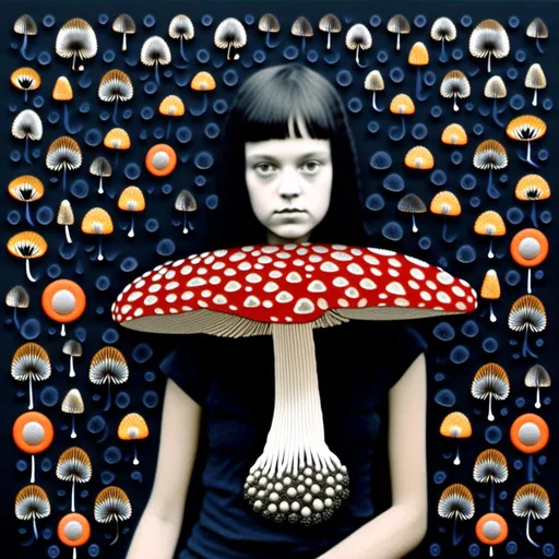 Prompt: a mixed media collage of a girl wearing or growing mushrooms/fungus as clothing body parts and accessories. She is a black and white or halftone photograph, the mushrooms and fungal growths are to be mixed media, including but not limited to paint, enamel, foils, glitter, sparkle, sequins, found objects, natural items, rhinestones etc <mymodel>