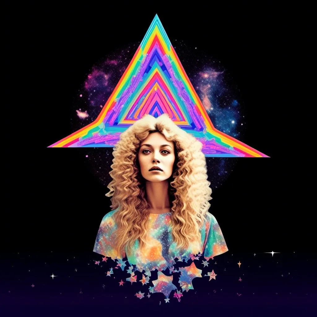 Prompt: A psychedelic collage featuring a photograph of a woman with blond curly long hair. The photo is cut and spliced with other photos and drawings of aliens, UFOs, rainbow spectrums are erupting from places, planets, stars, landscapes, and sparkles set amidst optical illusions of all kinds in geometric shapes giving an otherworldly surreal bizarre ufo alien effect to this psychedelic collage <mymodel>