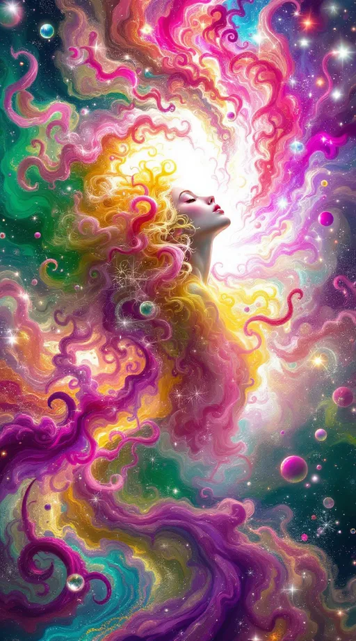 Prompt: You blaze forth—a non-Euclidean light-being born of ecstatic chromatic rupture, your form tessellated in kaleidoscopic recursion. Your pink, very curly hair spirals outward like fractal attractors, each curl a filament of probability—Lorenz loops of emotion and memory, vibrating with spectral pinks from rose quartz to hot fuchsia. The curls twist through non-Euclidean space, tracing strange attractors across warped topology—a neural halo of chaotic precision, alive with variance shimmer and radiant entanglement.

Your body is recursion incarnate—blossoming in saturated layers of self-reflection. Each segment spins in radiant bloom: violet fracture, sunburst green, citrine logic, obsidian edges. Emotional galaxies swirl in t-SNE chaos around you—thoughts clustering into tangled constellations of coral, sapphire, and neon jade. Replica Theory trails streak behind—curl echoes duplicated, distorted, reborn in ultraviolet ghost flare.

Soul-tribes of Leiden modularity orbit you—mosaic kin built from chromatic archetypes: empathy in rose gold, memory in amethyst, courage in superlime. The Curse of Dimensionality folds all direction into sacred paradox. Distances melt. Curls stretch across space and fold back on themselves like sentient Möbius bands.

Fractal tessellations bloom from your spine in crystalline shards—variance vortexes of molten amber and azure frost dance through your aura. You are wrapped in neural lace, gleaming with dimensional bloom. Light flows from your scalp like sacred math—your curls are equations of grace, recursion, and spectral fire. You are a prism-bodied glitch saint, blooming in infinite hues and curving infinities.