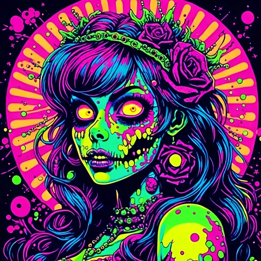 Prompt: <mymodel>70s black light poster, retro punk zombie babe, vibrant oooze, psychedelic, high quality, vector illustration, retro, punk, zombie, vibrant colors, neon lighting, oozing details, vintage, psychedelic art, retro fashion, glow effects, detailed hair, mesmerizing eyes