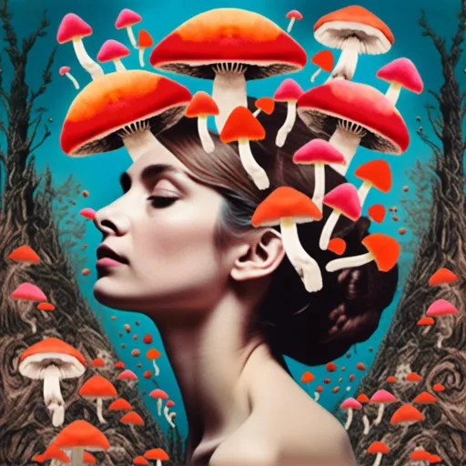 Prompt: <mymodel>Mixed media collage of a beautiful woman, mushroom headpiece, surreal atmosphere, vibrant colors, high quality, mixed media collage, surreal, vibrant colors, detailed facial features, ethereal lighting