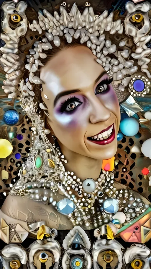 Prompt: an extremely hyper realistic ultra super textural weird trippy surreal psychedelic entity, Sierpinski Triangle, ,,, translucent, white, pearlescent finish, inlaid opal, glittering crystal accents, silver, pyrite, quartz,, chrome, bright vivid teals, blues, pinks/yellows/greens,purples,  lots and lots of light, lots of crazy colorful compound psychedelic human eyes, rows of human teeth, human lips, tongues, fungus,  atoms, diatoms, diatomic, algae, bryozoans, Sierpinski Triangle, extreme high definition organic and mineral textures