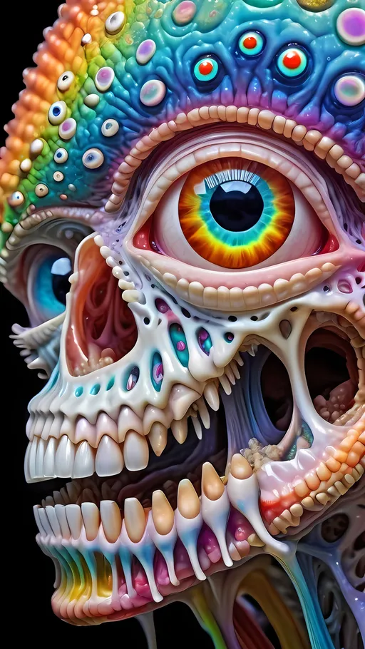 Prompt: an extremely hyper realistic ultra super textural weird trippy surreal psychedelic entity, Nephroid Curves, white, translucent, clear, bright bright pastel colors, oil slick rainbow sheen effect, lots and lots of light, lots of crazy colorful compound psychedelic human eyes, rows of human teeth, fungus, atoms, diatoms, Nephroid Curves