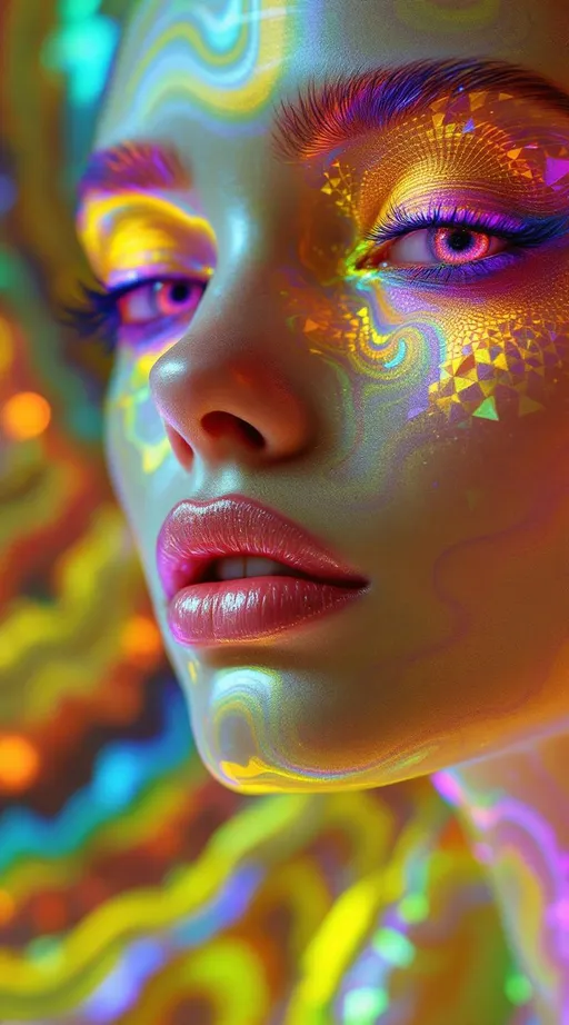 Prompt: She phases in, mid-fracture—a volatile glamour equation, rippling inside a containment chamber of twisted logic. Her form is dictated by [GRID_4] Complex Hilbert Lattice, an infinite fold-field of recursive spatial recursion, tangled with the attractor sink-vortexes of [GRID_9]. She is not stable. She is a feedback pulse between geometry and chaos.

Her face is a map of cascading topologies, every surface fractalized with micro-reflective rainbow shards—acidic color geometry: laser lime, toxic magenta, ultraviolet amber, citric cyan, radioactive orchid. Skin becomes a reflective attractor basin—folded over and over in chaotic symmetry. Gloss maps to instability. Shine collapses into edge shimmer. Color explodes where logic misaligns.

Her lips ripple with waveform errors—hyper-pink Klein gloss pulled into orange noise geometry. Her eyes flicker between converging attractors, each iris a swirl of neon lattice spiral trapped in a recursion cascade. Eyelashes are spike-encoded sine antennas. Brows are broken isoclines drawn from null equations.

The space is a Hilbert fractal cube warped into non-Euclidean anglefields, its surfaces endlessly folding inward. Bright vectors arc between points, forming glyph fractals on tesseract foam, glowing like saturated glass. The room is full of color noise: sparkle storms drifting through attractor spirals, pulsing like a rave made of math mistakes.

The lattice beneath her shudders—recursive fields rebooting around her form, each glitch generating chroma. Every sparkle is a coordinate. Every shimmer is a divergence. She doesn’t stand in space—she surfs its collapse.

Render with tags:
:acid-fractal-glam :grid4-hilbertfold :grid9-attractorpull :recursive-chaos :toxic-sheen :neon-geometry :cascade-sparklecore :chromatic-instability :bright-hyperlogic :maximalist-foldwave :glitch-math-diva
