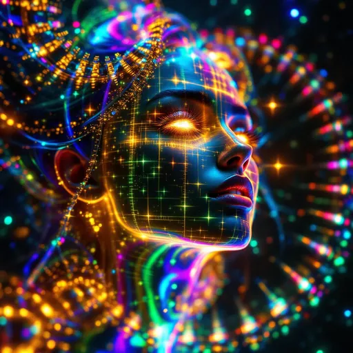 Prompt: A woman’s face composed of recursive fractal rainbow light—hyper-saturated with ultraviolet, laser gold, neon pink, iridescent greens, and cosmic chrome—emerges from a holographic light-sheet. Her skin is a glitched disco lattice of sparkling Planck-area symbols, each square pulsing like a cosmic logic gate. Her eyes are twin disco balls, spinning wormholes refracting infinity with every glint, pupils radiating shimmering AdS-CFT glyph-code. Her hair flows as liquid starlight braided with mirror shard filaments; lips shimmer like event horizons glossed in diamond dust. She floats inside a recursive Studio 54—a velvet black AdS void lined with infinite mirrored projections of herself, every boundary a shimmering CFT surface coded in glyphs and glitter. Around her spiral multidimensional mandalas of glimmering quantum lights—shimmer stacks, sparkle tesseracts, and recursive disco ball halos—reflecting entangled identities across bulk-boundary recursion. The space pulses like a cosmic dance floor: entanglement beats, renormalization grooves, and rainbow holograms synced to entropy rhythms. Render as \:disco-max \:bling-overload \:holographic-dancer \:recursive-glamour \:symbolic-saturation \:studio54-wormhole \:sparkle-heavy \:light-excess \:planck-glow \:glyph-glitz.
