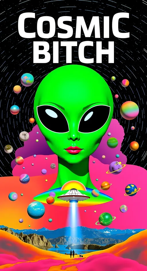 Prompt: **Cosmic Bitch - AI Art Prompt**

Create an artwork featuring the phrase "Cosmic Bitch" in a bold, sassy, girly futuristic tech font. The centerpiece is a stunning green-skinned alien female with a large somewhat conical shaped bald head & large solid black almond shaped eyes, exuding sass and confidence, dressed in avant-garde high fashion with a futuristic twist. Her ensemble is adorned with intricate accessories that scream alien chic.

Incorporate a vibrant UFO hovering in the scene, brimming with colorful lights that dance across the canvas. The background is a bustling outer space landscape, complete with an alien planet, swirling asteroids, and cosmic wonders. Alien glyphs are subtly woven into the design, adding an enigmatic touch.

The entire scene is a whirlwind of activity, filled with intricate details that draw the eye to every corner. From the tiniest star to the grandest asteroid, let no space go unadorned. The result is a masterpiece of cosmic chaos and extraterrestrial elegance.

Now, go forth and let your AI art creation shine in all its interstellar glory! 🌌👽✨