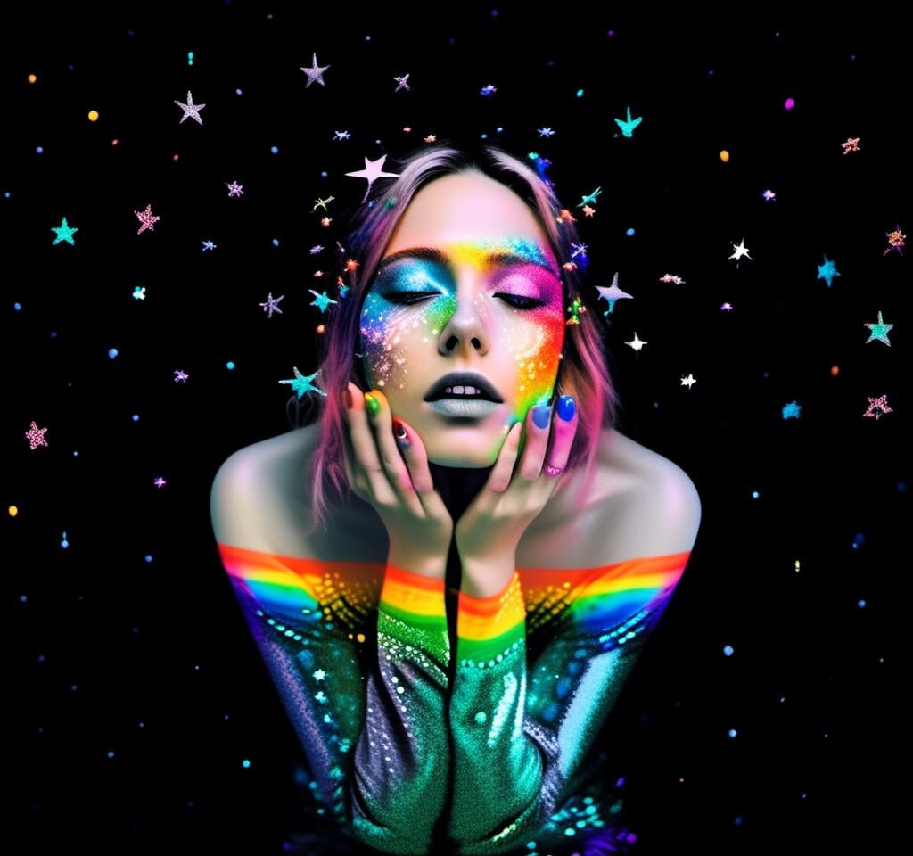 Prompt: a photograph (black and white or halftone) of a woman with multimedia colorful galaxies and stars in her wide eyes who is vomiting pure rainbows and stardust sparkles. She wretches as a beautiful spectrum of colorful light and sparklies made of paint, enamel, glitter, foils, pearl dust, rhinestones, metal, beads, marker, etc spills from her open mouth with force lighting up the room<mymodel>