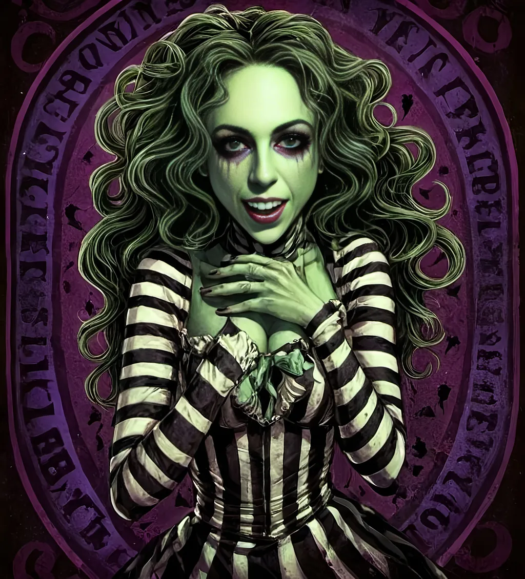 Prompt: <mymodel>Beetlejuice-themed illustration with Tim Burton aesthetic, sandworm, purple, neon green, black, textured pattern, high-quality, detailed, Tim Burton style, cartoon, dark tones, eerie lighting, sandworm texture, Beetlejuice aesthetic, vivid colors, eerie atmosphere, gothic, haunting, neon accents, detailed patterns, spooky, beetlejuice, highres, textured, neon, eerie, detailed texture, Tim Burton style, haunting, vivid colors