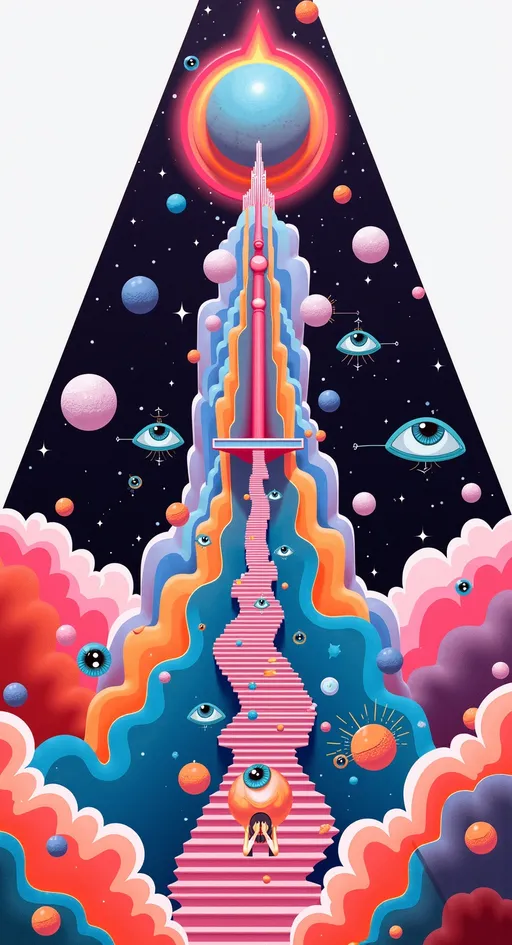 Prompt: acid-inspired illustration style, french surreal animation aesthetic, psychedelic glamour art, hyper-saturated secondary color warfare, hot-magenta shockwaves, wild electric-fire orange flares, neon-lime tracer streaks, toxic-teal vapor glows, ultraviolet plasma halos, prismatic color eruption fields, solar-candy coral flares, cherry-electric pink radiance, volt-aqua lightning haze, cosmic-tangerine combustion tones, spectral-violet shimmer mists, radioactive-chartreuse edge burns, holographic color-bleed splashes, bismuth-chrome gradient surfaces, iridescent metallic luster skins, oil-slick spectral reflections, pearlescent light refraction sheets, liquid-geometry color distortion, prismatic diffraction overlays, full-spectrum color inversion pops, rainbow glitch halos, chromatic misregistration jitter, analog color-bloom storms, glow-gel highlight flares, phosphor neon light leaks, VHS-scan shimmer layers, hologram interference textures, colorized halftone noise fields, stipple-dot rainbow gradients, liquid mirror tessellation shards, elastic anatomy stylization, surreal fashion-illustration silhouettes, biomorphic architecture backdrops, alien minimal geometry forms, glyph symbol drift swarms, orbiting bismuth-sigil jewelry effects, fractal ribbon hair dynamics, neon tendril motion lines, volumetric glow fog in candy colors, dream-physics perspective warping, recursive pattern echoes, diffraction rainbow lensing artifacts, chrome-candy surface accents, spectral neon embossing, psychedelic digital grading, vaporwave surreal crossover, hand-touched painterly psychedelic finish, hyper-saturated controlled chaos, maximalist color logic composition, glossy prismatic fantasy polish, modern psychedelic still-image aesthetic.