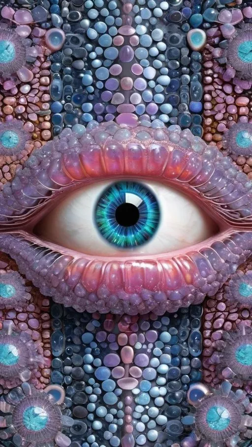 Prompt: Create an extremely hyper-realistic, ultra super textural, weird, trippy, surreal, psychedelic eyes/teeth/mouth pattern/design based on Mandelbrot & “Op Art tiling” with lots of human eyes (crazy colorful compound psychedelic), rows of human teeth, human lips, and tongues. 

- **Colors**: determined by the properties and expressions of the elements (& their isotopes), minerals, and metals: opal, moonstone, Kunzite, selenite, rose quartz, Platinum (Pt)

**Shapes and forms**
- Mandelbrot 
- "Op Art tiling" 
-other shapes determined by the natural properties and expressions of the elements (& their isotopes), minerals, metals, and biological organisms: opal, moonstone, Kunzite, selenite, rose quartz,  Platinum (Pt)


- **Textures**: Derived from any/all elements (& their isotopes), minerals, metals, crystals, organic things mentioned in this prompt: opal, moonstone, Kunzite, selenite, rose quartz, Platinum (Pt)

**Composition and Layout**:
- a pattern/design based on the Op Art tiling & Mandelbrot 

**Lighting**:
- lots of bright light
- Iridescence
- Aventurescence
- Chatoyancy
- Asterism

**Detail and Atmosphere**:
- Extreme hyperrealistic sharp high detail high definition organic and mineral textures
- Psychedelic, weird, odd, surreal atmosphere
- Frozen in time

**Additional Elements**:
- extra rows of teeth, lips, many eyes, Op Art tiling, Mandelbrot, Iridescence
