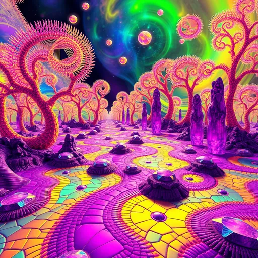 Prompt: In an otherworldly realm suspended in its own bizarre dimension, the ground undulates with vibrant, psychedelic energy. The surface is a shifting tapestry of **Fractal Fern Patterns**, where each fractal branch spirals infinitely, creating a mesmerizing dance of geometry and color.

The air is thick with the shimmering essence of **Bismuth Crystals**, their iridescent, rainbow-hued geometries floating like ethereal clouds, casting prismatic shadows that ripple across the landscape. These floating crystals pulse with an inner light, resonating with the surreal rhythm of this strange world.

The terrain itself is a mosaic of **Penrose Tiling**, forming non-repeating patterns that seem to stretch into infinity, defying conventional notions of symmetry and order. These tiles shift and morph, creating a dynamic surface that feels alive underfoot.

Interspersed throughout the landscape are towering columns of **Amethyst**, their deep purple hues glistening with an inner luminescence. These crystalline monoliths twist and turn, their surfaces etched with intricate patterns that seem to tell the story of this enigmatic place.

Rivers of molten **Opal** flow through the land, their surfaces shimmering with a kaleidoscope of colors that shift and change with every movement. These liquid gems carve luminous paths, leaving trails of iridescent mist that float lazily above the ground.

In this trippy, self-contained universe, reality is a fluid concept, inviting exploration into a realm where imagination reigns supreme and the boundaries between the natural and the fantastical blur into a vivid tapestry of endless possibilities.