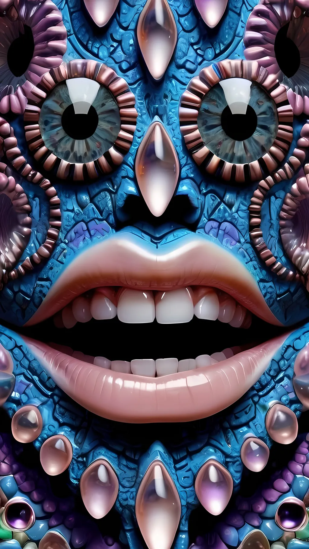 Prompt: Create an extremely hyper-realistic, ultra super textural, weird, trippy, surreal, psychedelic eyes/teeth/mouth pattern/design based on Mandelbrot & “Op Art tiling” with lots of human eyes (crazy colorful compound psychedelic), rows of human teeth, human lips, and tongues. 

- **Colors**: determined by the properties and expressions of the elements (& their isotopes), minerals, and metals: opal, moonstone, amethyst, rose quartz, Platinum (Pt)

**Shapes and forms**
- Mandelbrot 
- "Op Art tiling" 
-other shapes determined by the natural properties and expressions of the elements (& their isotopes), minerals, metals, and biological organisms: opal, moonstone, amethyst, rose quartz,  Platinum (Pt)


- **Textures**: Derived from any/all elements (& their isotopes), minerals, metals, crystals, organic things mentioned in this prompt: opal, moonstone, amethyst, rose quartz, Platinum (Pt)

**Composition and Layout**:
- a pattern/design based on the Op Art tiling & Mandelbrot 

**Lighting**:
- lots of bright light
- Phosphorescence

**Detail and Atmosphere**:
- Extreme hyperrealistic sharp high detail high definition organic and mineral textures
- Psychedelic, weird, odd, surreal atmosphere
- Frozen in time

**Additional Elements**:
- extra rows of teeth, lips, many eyes, Op Art tiling, Mandelbrot 
