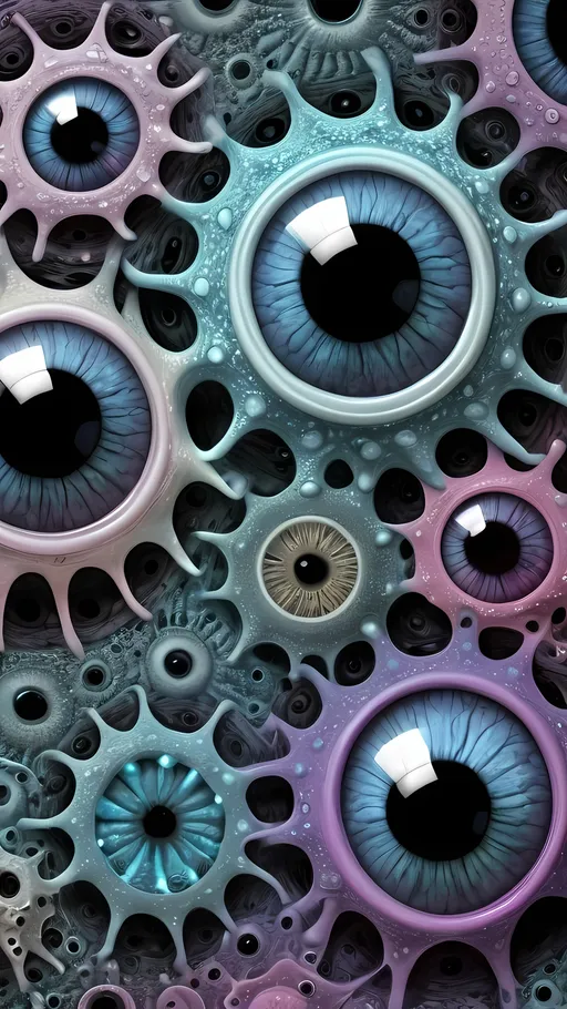 Prompt: an extremely hyper realistic ultra super textural weird trippy surreal psychedelic entity, Newton Fractals, apollonian gaskets, catenoids, white, translucent, clear, bright vivid pastel purples, baby blue/teal, black charcoal, chrome, lots and lots of light, lots of crazy colorful compound psychedelic human eyes, rows of human teeth, fungus, radiolarians, foraminifera,  atoms, diatoms, enneper sufaces, apollonian gaskets, Newton Fractals, 