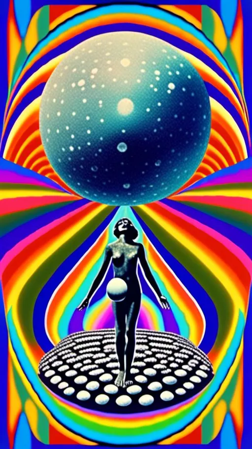 Prompt: A vintage 70s psychedelic collage with the theme “astral vacation”- incorporate themes of astral projection, the astral plane, the silver cord, use an astral brilliantly but sometimes muted opalescent color palette, & combine it all with planets, orbs, optical illusions and psychedelic trippy patterns, color spectrums as a surreal vintage psychedelic collage<mymodel>