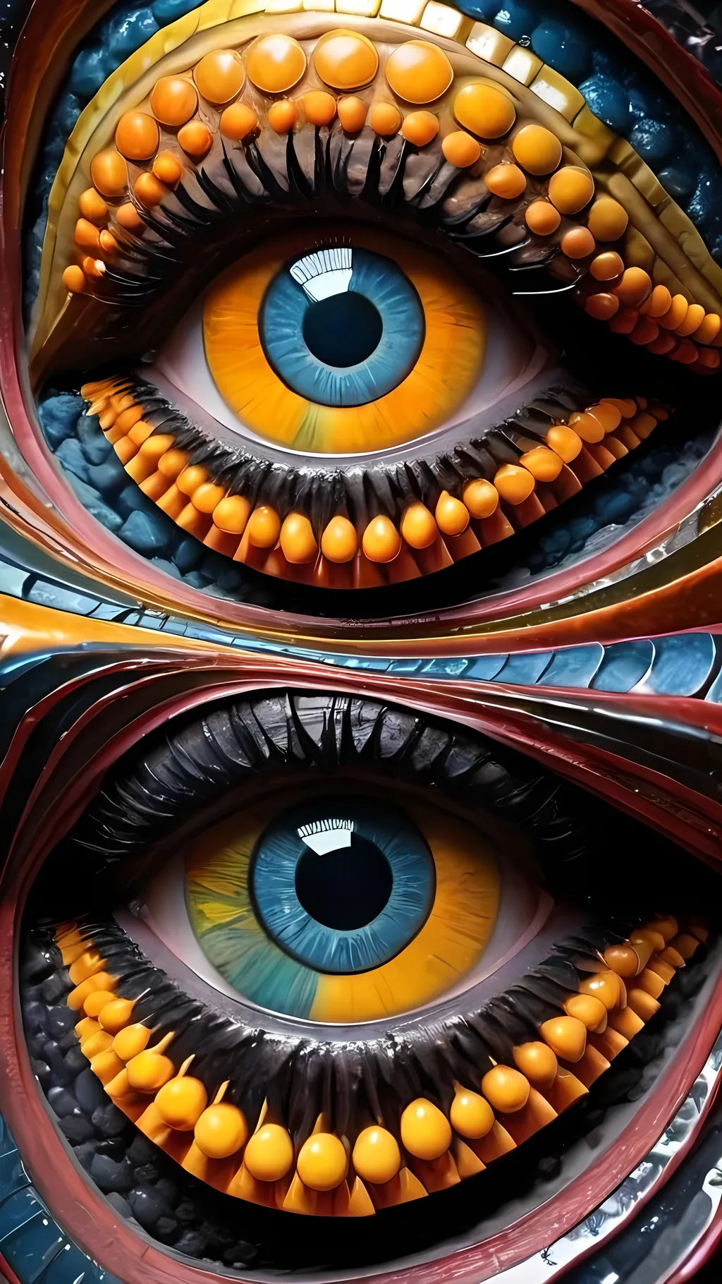 Prompt: Create an extremely hyper-realistic, ultra super textural, weird, trippy, surreal, psychedelic eyes/teeth/mouth pattern/design based on “Fibonacci Spirals” & “op art tiling” with lots of human eyes (crazy colorful compound psychedelic), rows of human teeth, human lips, and tongues. 

- **Colors**: determined by the natural properties and expressions of the elements (& their isotopes), raw rough minerals, and metals: Molybdenum (Mo), Sphalerite, Orpiment, obsidian, sulfur, Heliodor

**Shapes and forms**
- main form: “Fibonacci Spirals”
-other shapes determined by the natural properties and expressions of the elements (& their isotopes), raw rough minerals, metals, and biological organisms: Molybdenum (Mo), Sphalerite, Orpiment, obsidian, sulfur, Heliodor

- **Textures**: Derived from any/all elements (& their isotopes), minerals, metals, crystals, organic things mentioned in this prompt: “Fibonacci Spirals”, Molybdenum (Mo), Sphalerite, Orpiment, obsidian, sulfur, Heliodor

**Composition and Layout**:
- a pattern/design based on “Fibonacci Spirals”

**Lighting**
- lots and lots of bright shining reflective light


**Detail and Atmosphere**:
- Extreme hyperrealistic sharp high detail high definition organic and mineral textures
- Psychedelic, weird, odd, surreal atmosphere
- Frozen in time

**Additional Elements**:
- extra rows of teeth, lips, many eyes, “Fibonacci Spirals”, Aventurescence, Chatoyancy
