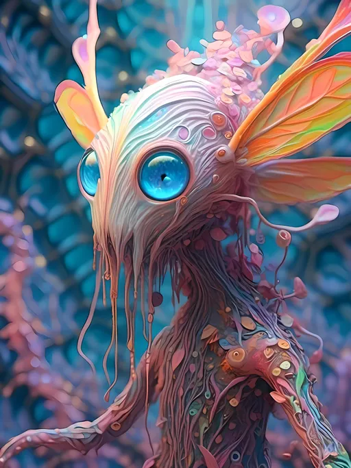 Prompt: <mymodel> an extremely hyper realistic super textural psychedelic entity/creature, trippy, weird, surreal, fractals, multidimensional geometric shapes, eyes, human teeth, lots of light, bright pastel colors, luminous, glowing, extremely textural, white, translucent, , silver, pastel rainbow oil slick sheen effect, moth antennae, melty drippy, extreme organic and metallic textures