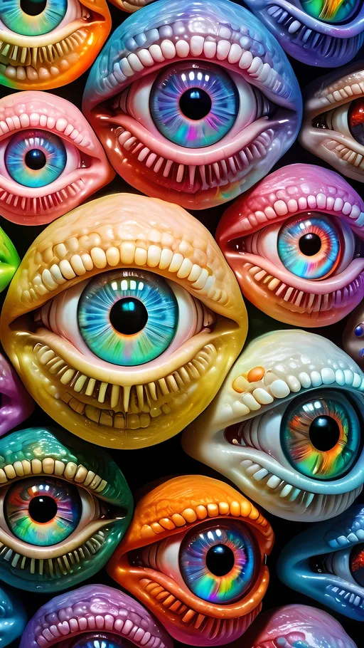 Prompt: an extremely hyper realistic ultra super textural weird trippy surreal psychedelic entity, white, translucent, clear, bright bright pastel colors, oil slick rainbow sheen effect, lots and lots of light, lots of crazy colorful compound psychedelic human eyes, rows of human teeth, fungus, atoms, diatoms, 