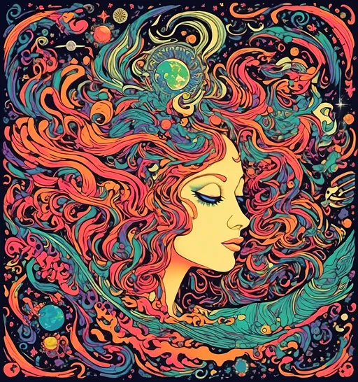 Prompt: <mymodel>Gaia, Mother Earth personified as a deity in outer space, psychedelic poster art illustration, cosmic colors, swirling galaxies, ethereal and glowing, intricate details, vibrant and surreal, high quality, psychedelic, outer space, cosmic, deity, Mother Earth, vibrant colors, swirling galaxies, ethereal, glowing, intricate details, surreal, poster art, illustration, cosmic colors, vibrant, detailed, highres